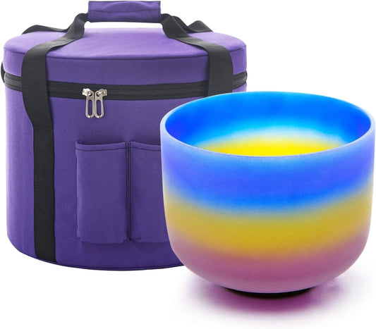 8 Inch A Note Third Eye Chakra Rianbow Color Frosted Quartz Crystal Singing Bowl with Carrying Case for Yoga Sound Musical Instrument