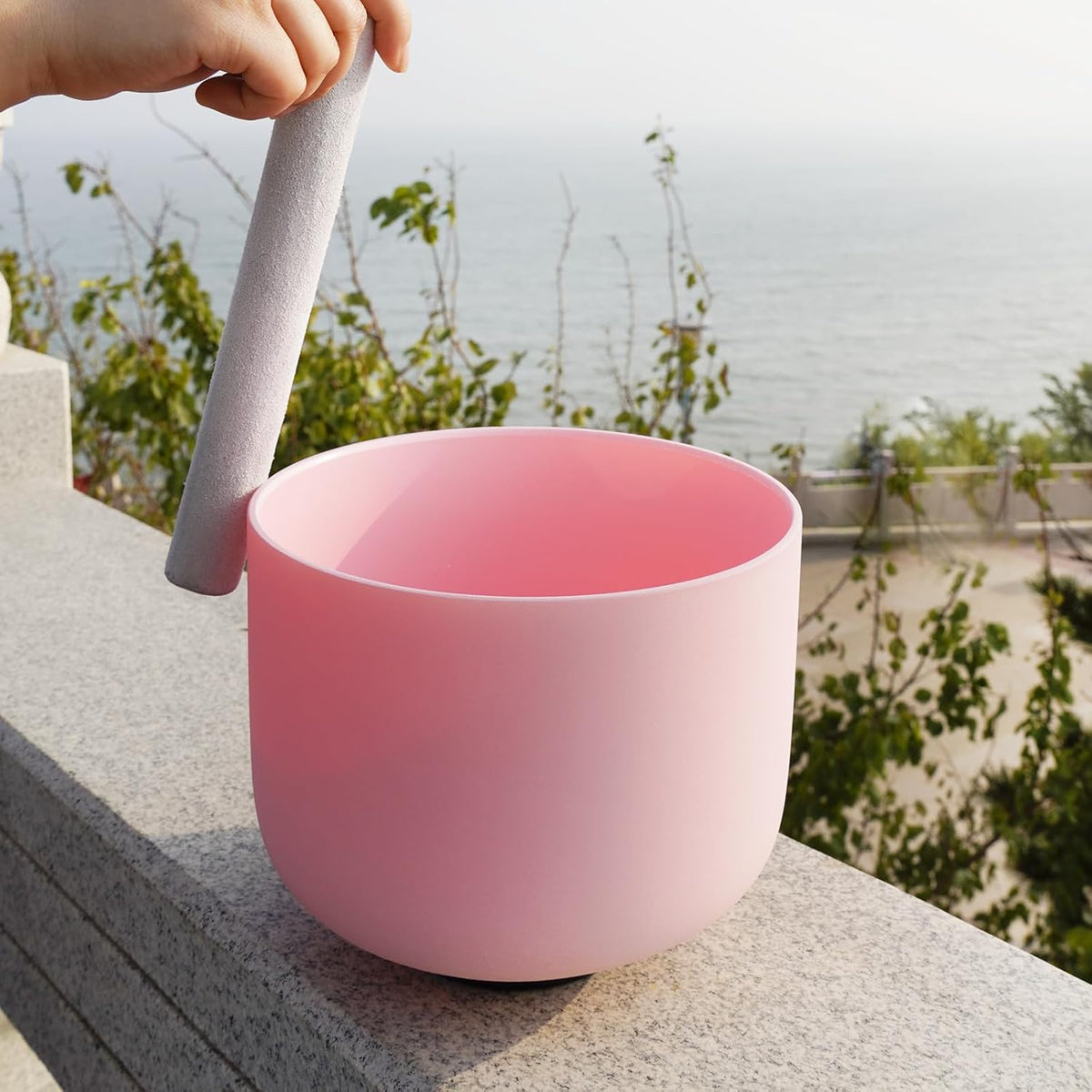 8 Inch A Note Third Eye Chakra Rianbow Color Frosted Quartz Crystal Singing Bowl with Carrying Case for Yoga Sound Musical Instrument