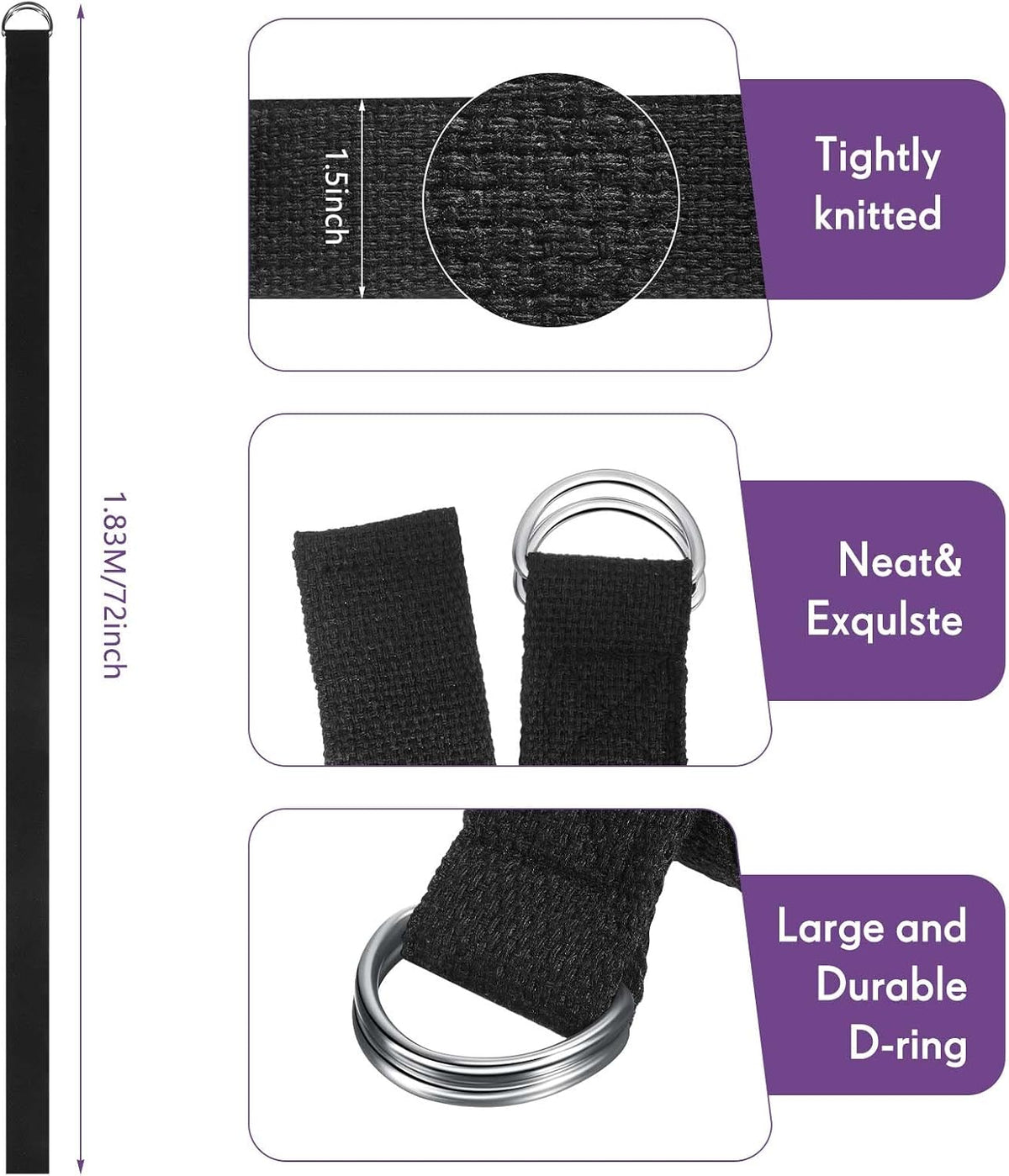 50 Pcs Yoga Strap for Stretching Bulk 6ft Exercise Stretch Band with Metal D Ring Adjustable Pilates Non Elastic Yoga Belt for Women Men Physical Fitness Gym Workout Dance (Black)