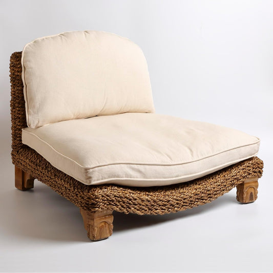 Serenity Meditation Floor Chair with Seagrass Woven Seat and Solid Mangowood Frame, Cushioned Seat, Wooden Legs, Natural Finish (Cream)