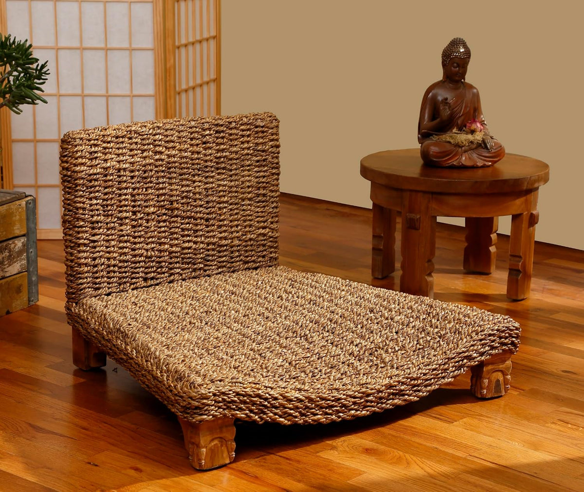 Serenity Meditation Floor Chair with Seagrass Woven Seat and Solid Mangowood Frame, Cushioned Seat, Wooden Legs, Natural Finish (Cream)