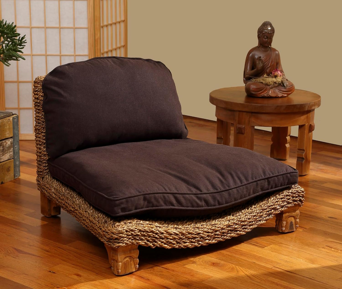 Serenity Meditation Floor Chair with Seagrass Woven Seat and Solid Mangowood Frame, Cushioned Seat, Wooden Legs, Natural Finish (Cream)