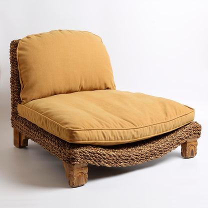Serenity Meditation Floor Chair with Seagrass Woven Seat and Solid Mangowood Frame, Cushioned Seat, Wooden Legs, Natural Finish (Cream)