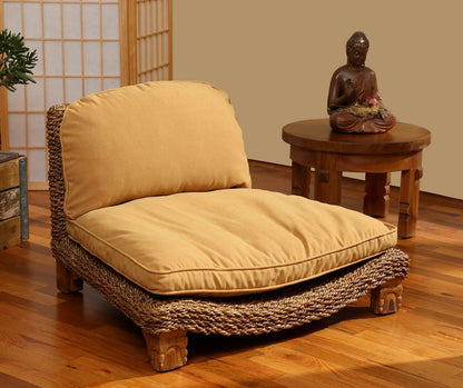 Serenity Meditation Floor Chair with Seagrass Woven Seat and Solid Mangowood Frame, Cushioned Seat, Wooden Legs, Natural Finish (Cream)