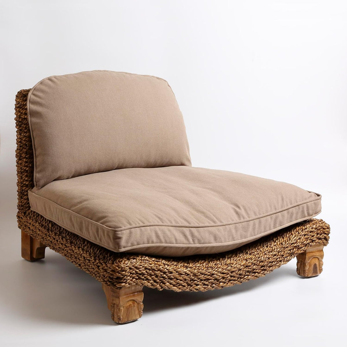 Serenity Meditation Floor Chair with Seagrass Woven Seat and Solid Mangowood Frame, Cushioned Seat, Wooden Legs, Natural Finish (Cream)