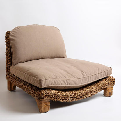 Serenity Meditation Floor Chair with Seagrass Woven Seat and Solid Mangowood Frame, Cushioned Seat, Wooden Legs, Natural Finish (Cream)