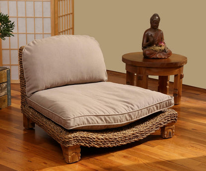Serenity Meditation Floor Chair with Seagrass Woven Seat and Solid Mangowood Frame, Cushioned Seat, Wooden Legs, Natural Finish (Cream)