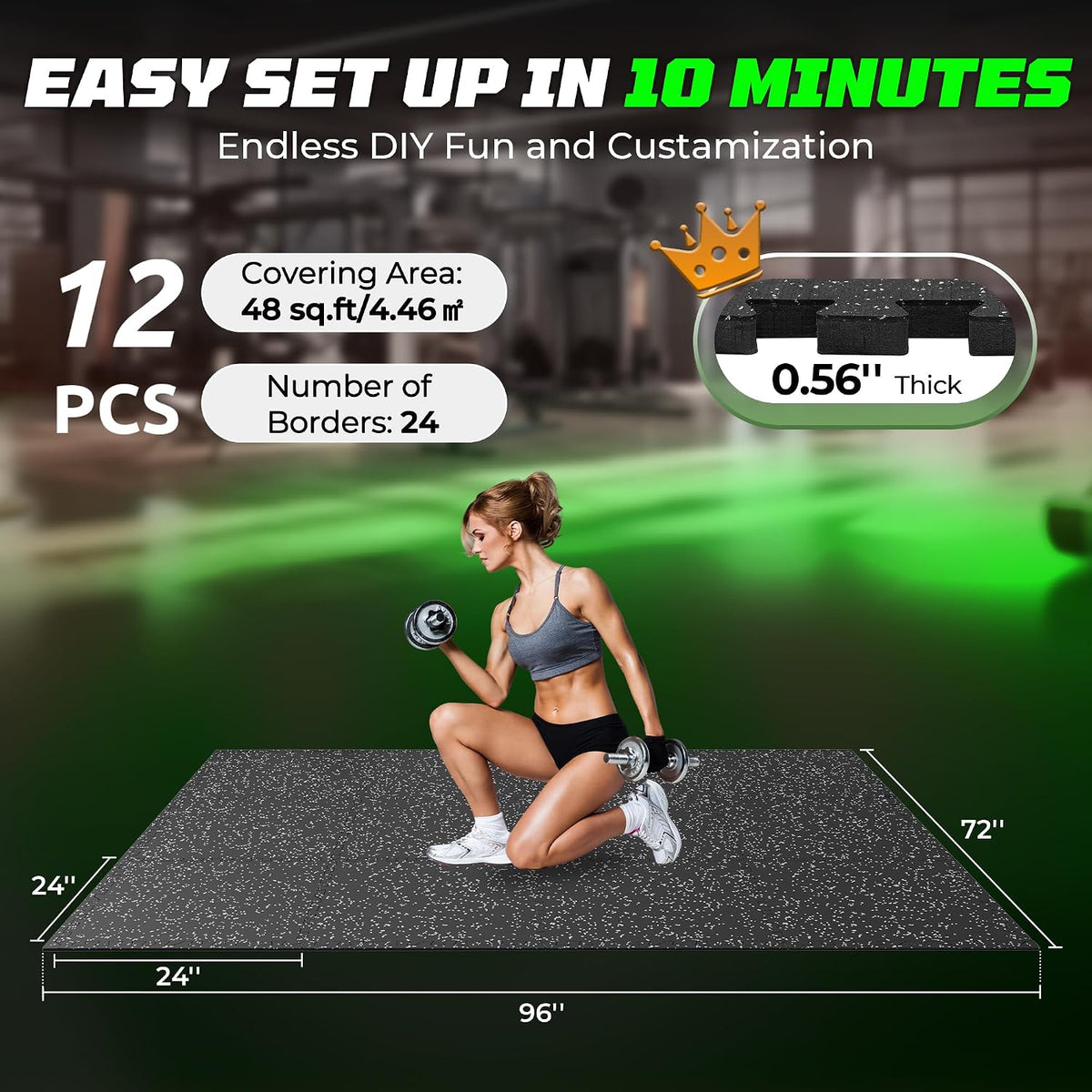 0.56" Rubber Top Gym Flooring, Heavy Duty Gym Mats for Home Gym