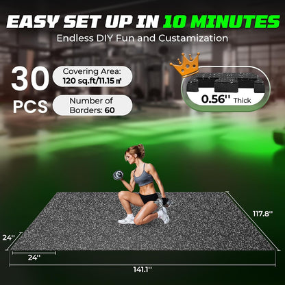 0.56" Rubber Top Gym Flooring, Heavy Duty Gym Mats for Home Gym