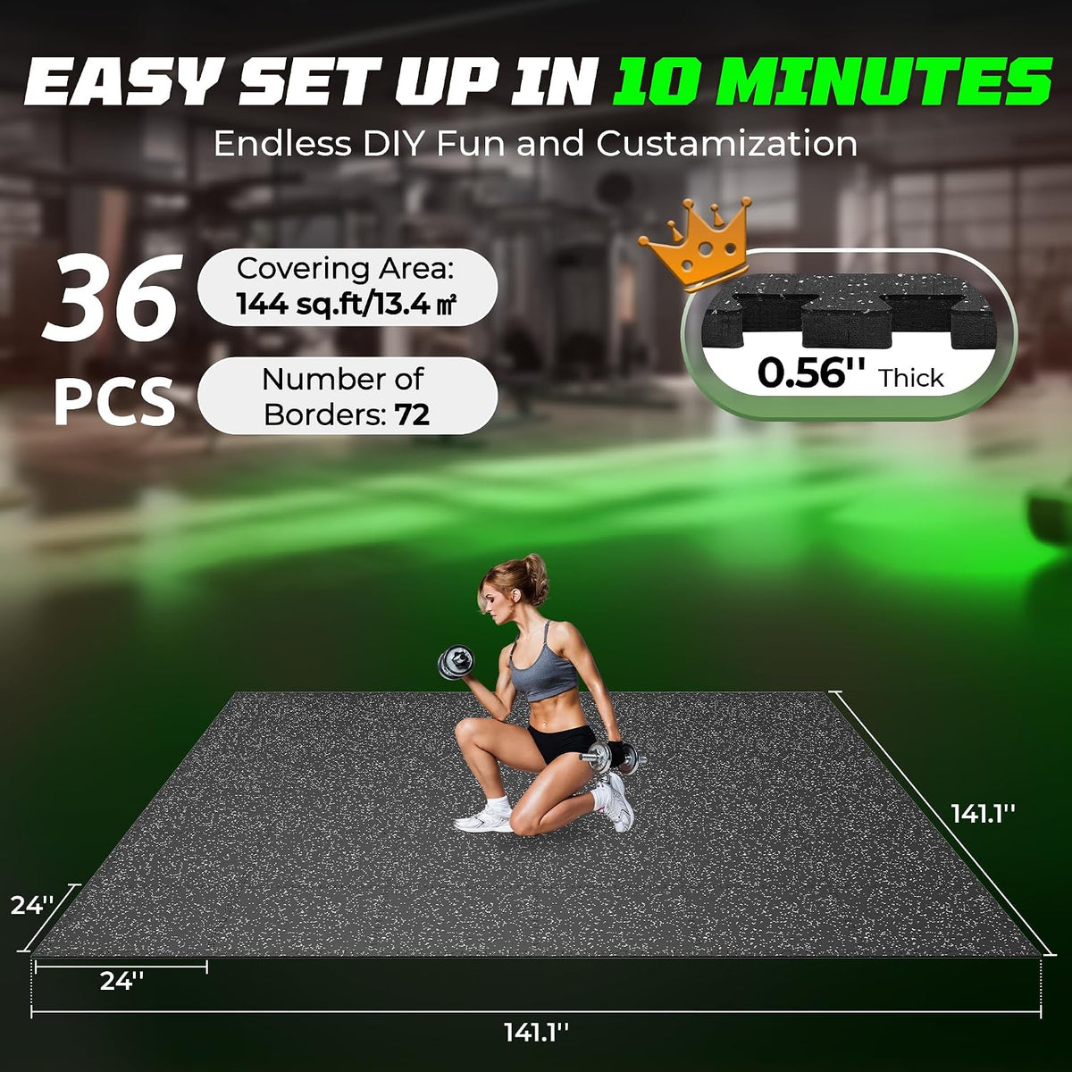 0.56" Rubber Top Gym Flooring, Heavy Duty Gym Mats for Home Gym