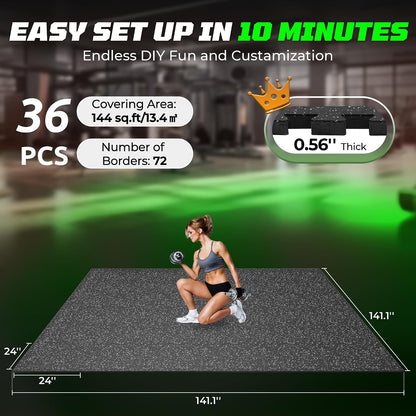 0.56" Rubber Top Gym Flooring, Heavy Duty Gym Mats for Home Gym