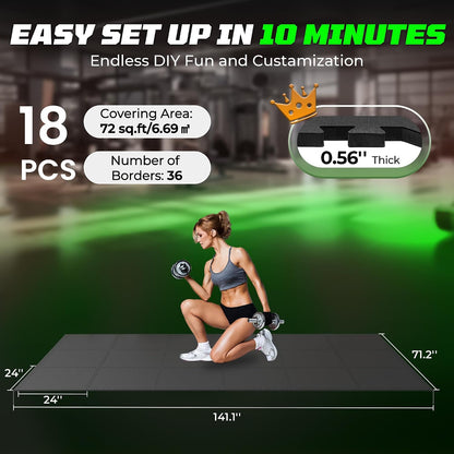 0.56" Rubber Top Gym Flooring, Heavy Duty Gym Mats for Home Gym