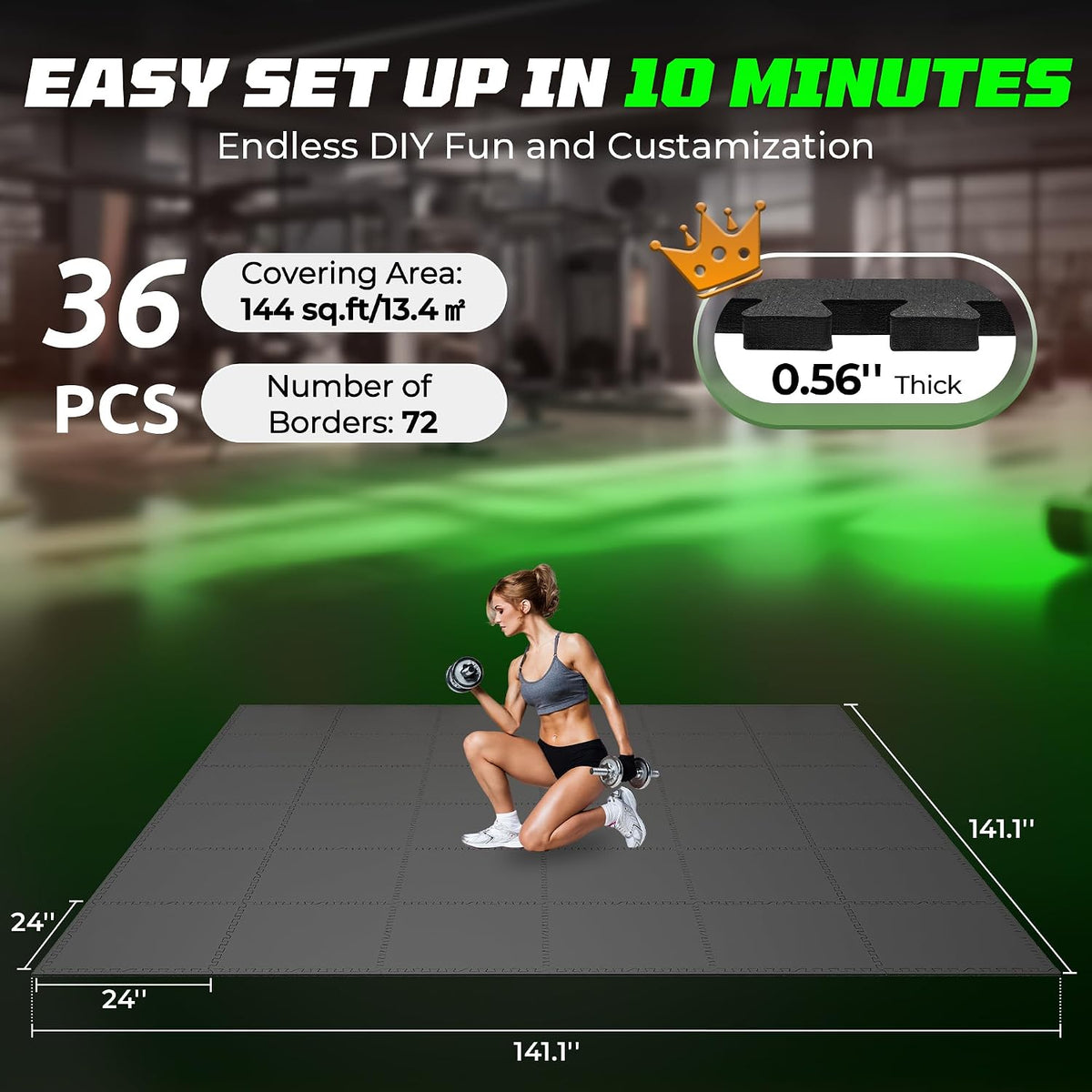 0.56" Rubber Top Gym Flooring, Heavy Duty Gym Mats for Home Gym