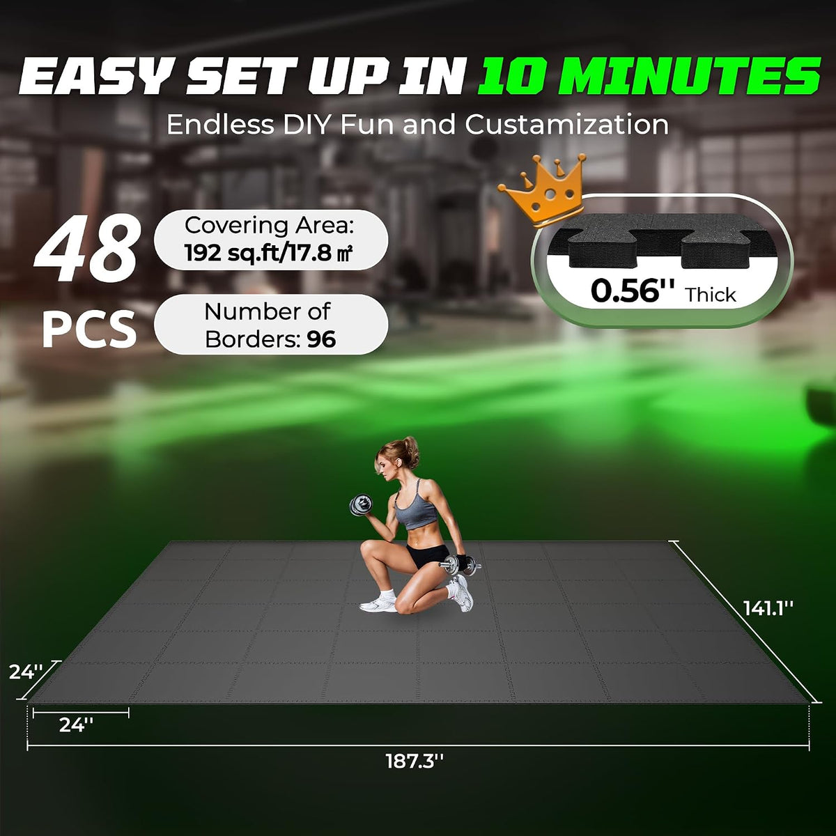 0.56" Rubber Top Gym Flooring, Heavy Duty Gym Mats for Home Gym