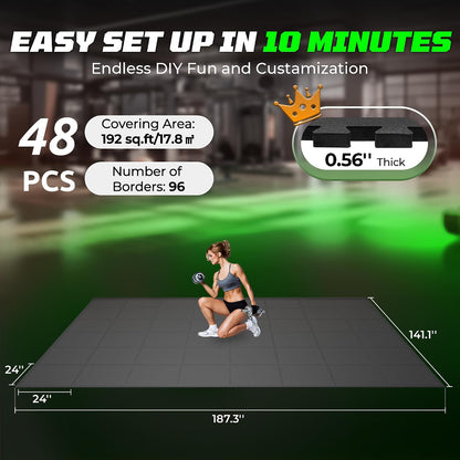 0.56" Rubber Top Gym Flooring, Heavy Duty Gym Mats for Home Gym