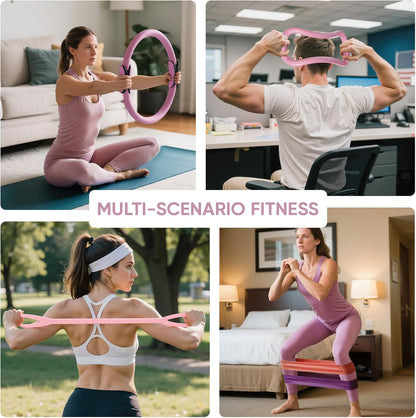 Home Pilates Ring and Ball Set for Women with 5 Resistance Bands 13 inch Magic Circle Workout Starter Kit for Beginners Full Body Toning 15 Min Daily Routine