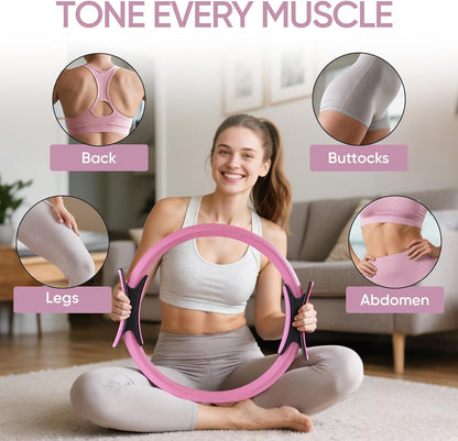 Home Pilates Ring and Ball Set for Women with 5 Resistance Bands 13 inch Magic Circle Workout Starter Kit for Beginners Full Body Toning 15 Min Daily Routine