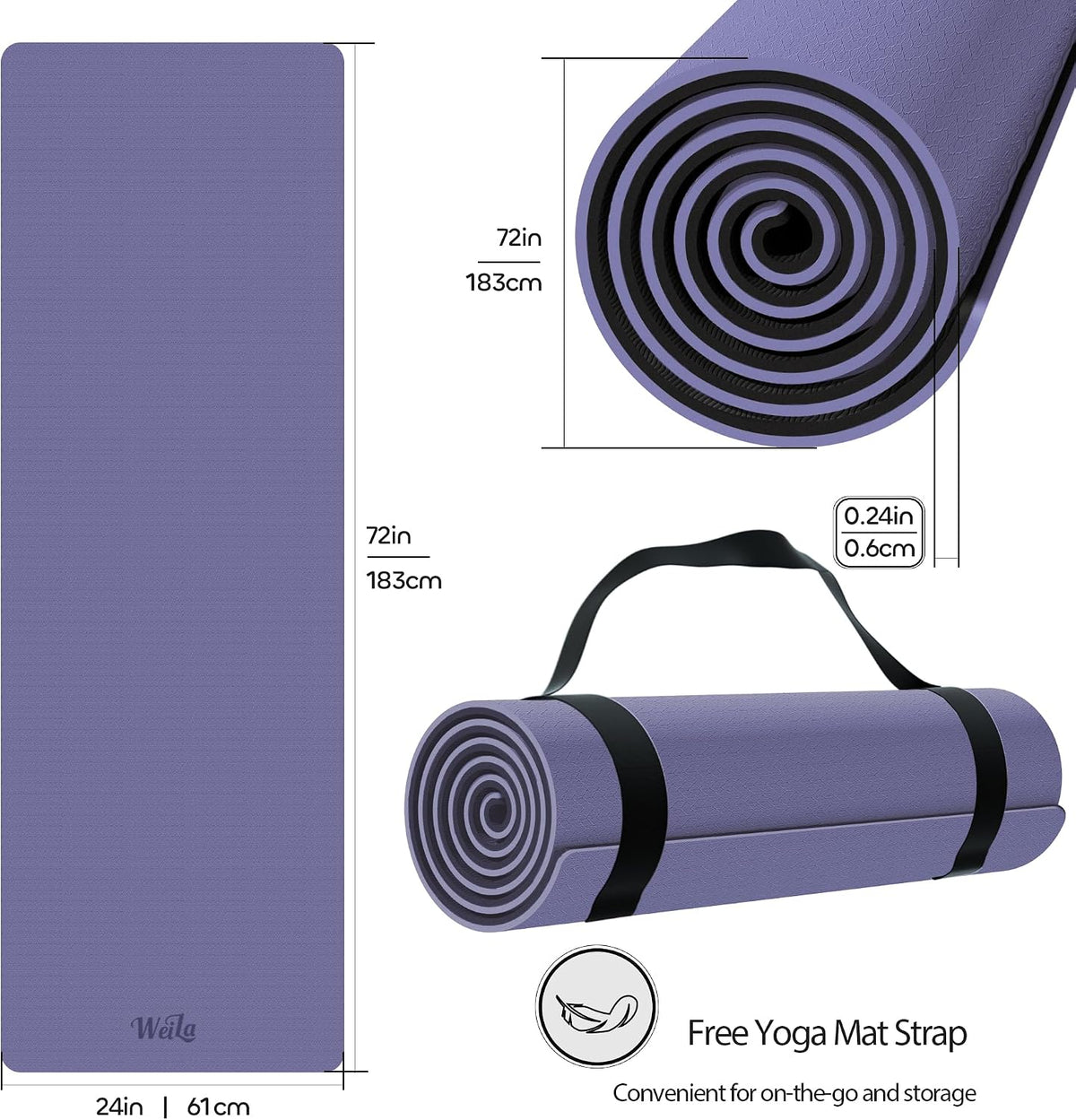 Non-slip TPE Yoga Mat for Women & Men,72"x24" Double-Sided Workout Mat for Home Gym Pilates Fitness,1/4 Inch Packable Lightweight Exercise Mat with Strap for Travel,Non Toxic Exercise Floor Mat