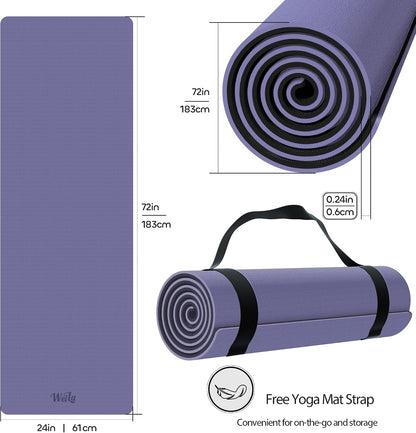 Non-slip TPE Yoga Mat for Women & Men,72"x24" Double-Sided Workout Mat for Home Gym Pilates Fitness,1/4 Inch Packable Lightweight Exercise Mat with Strap for Travel,Non Toxic Exercise Floor Mat