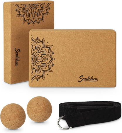 5 Pack Yoga Accessories for Women Set Yoga Block 2 Pack with Strap Massage Ball for Meditation Pilates Cork Blocks Stretching Home Gym Natural High-Density, 12"x8"x2"