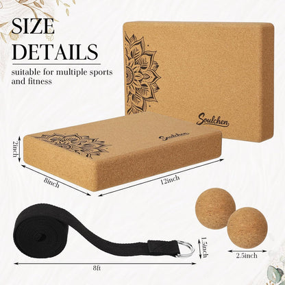 5 Pack Yoga Accessories for Women Set Yoga Block 2 Pack with Strap Massage Ball for Meditation Pilates Cork Blocks Stretching Home Gym Natural High-Density, 12"x8"x2"