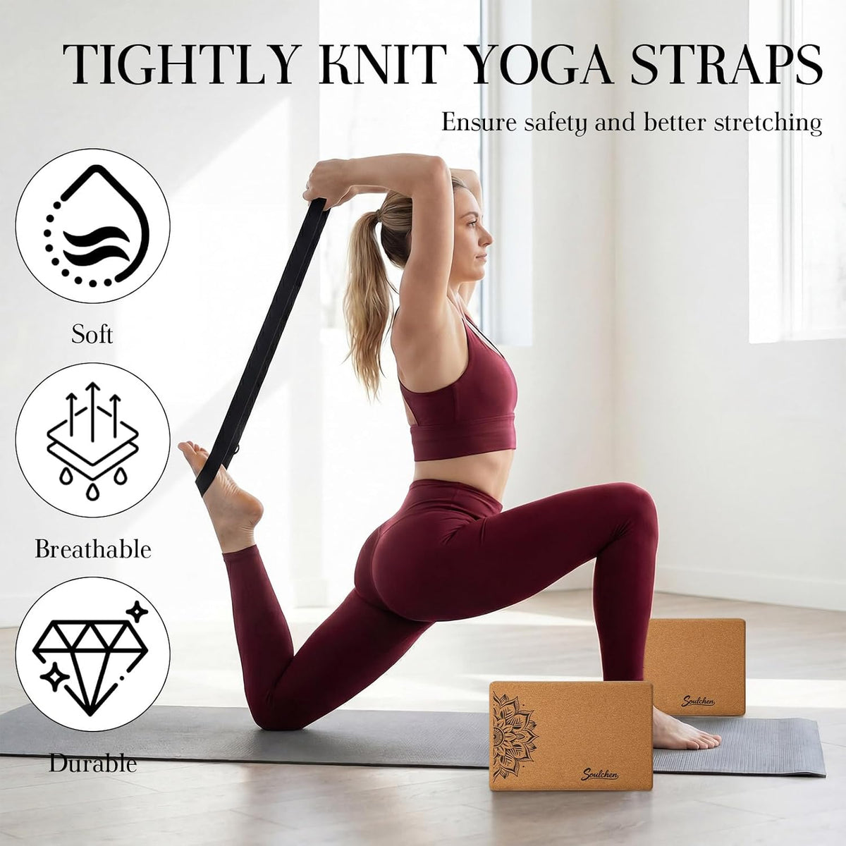 5 Pack Yoga Accessories for Women Set Yoga Block 2 Pack with Strap Massage Ball for Meditation Pilates Cork Blocks Stretching Home Gym Natural High-Density, 12"x8"x2"