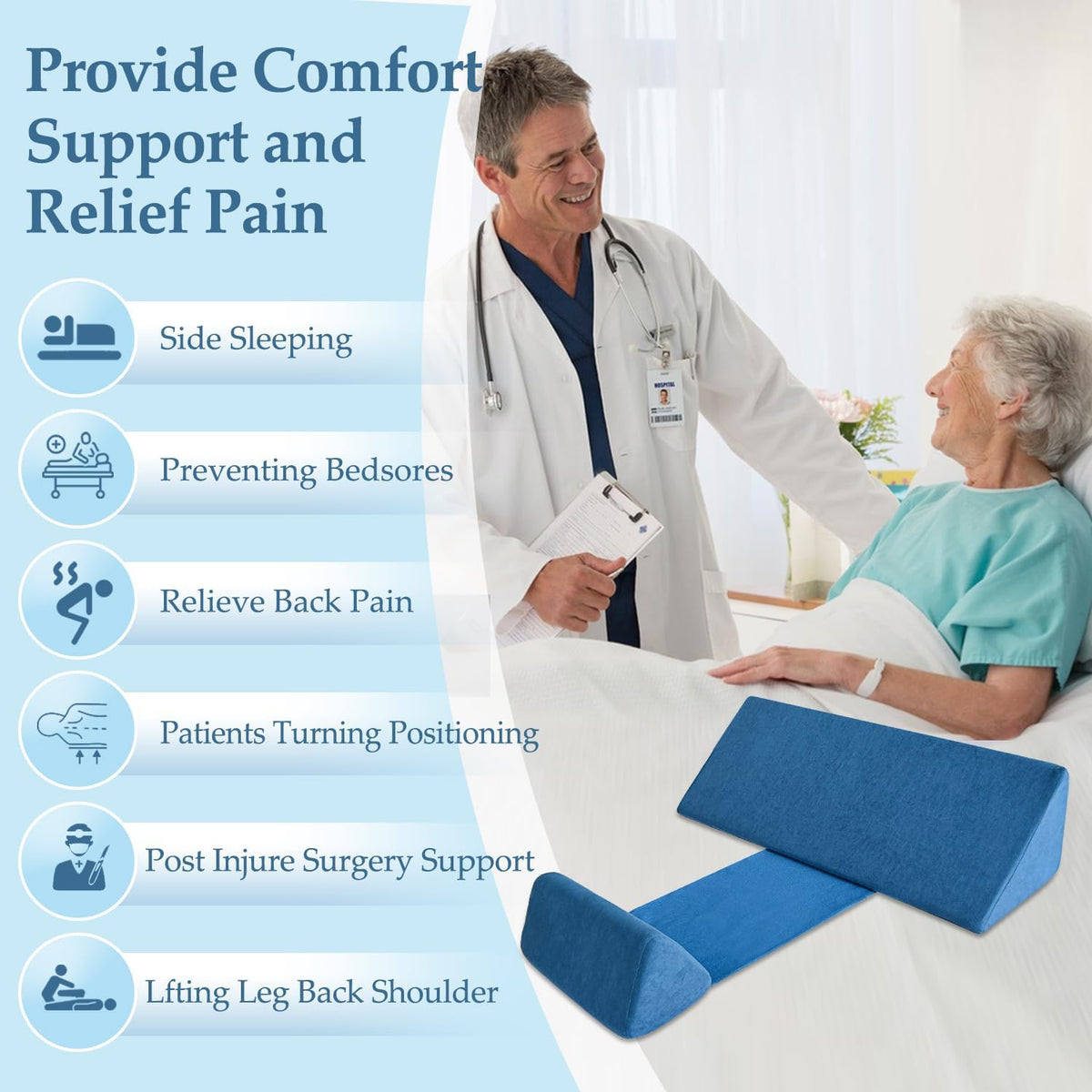 Bed Wedge Pillow For Sleeping Seniors Post Surgery Incline Pillow Bedsore Pressure Relief Cushions For Butt Lifting Patient Turning Triangle Foam Wedges For Bed Positioning Body Back Support (Blue)