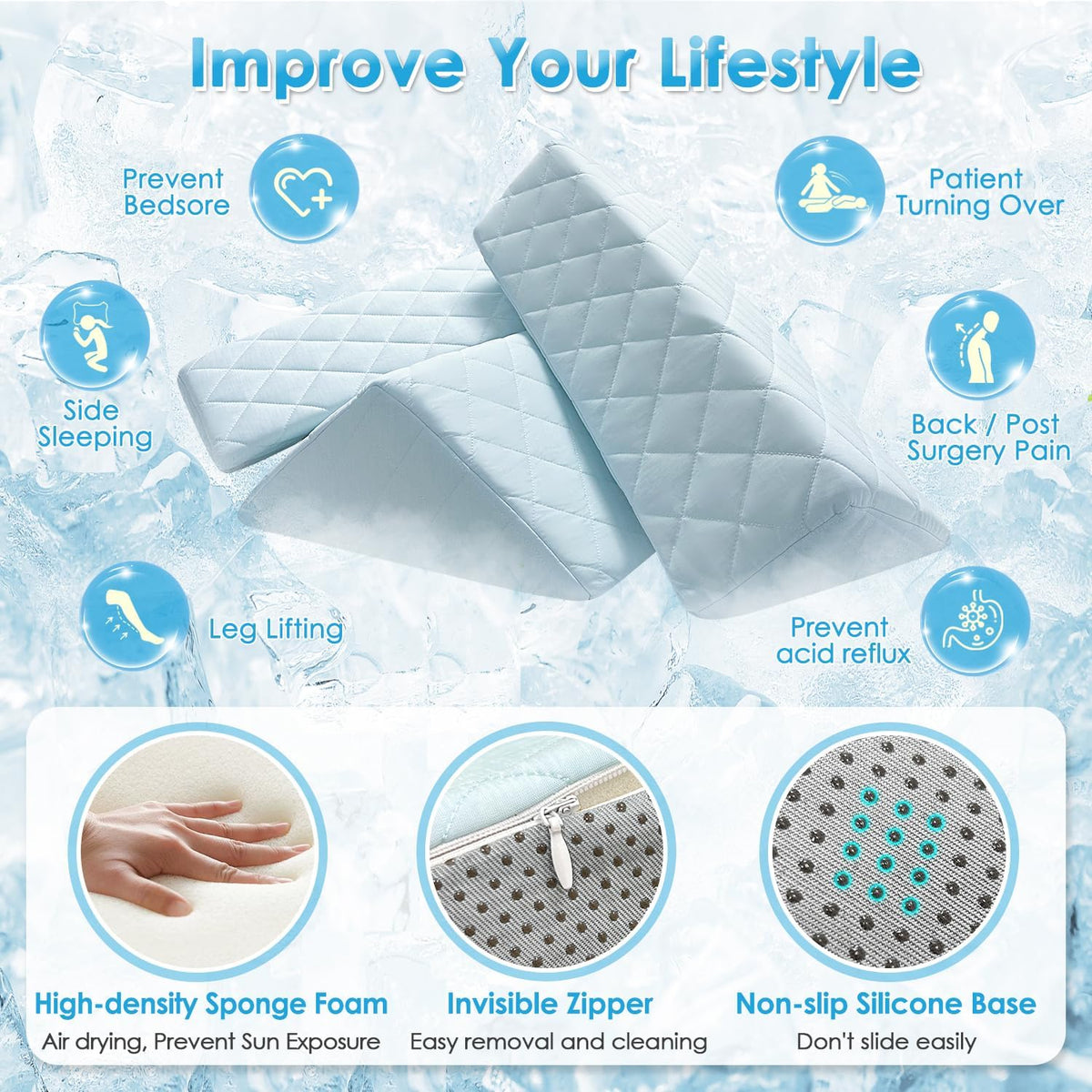 Bed Wedge Pillow For Sleeping Seniors Post Surgery Incline Pillow Bedsore Pressure Relief Cushions For Butt Lifting Patient Turning Triangle Foam Wedges For Bed Positioning Body Back Support (Blue)