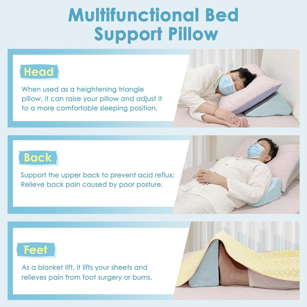 Bed Wedge Pillow For Sleeping Seniors Post Surgery Incline Pillow Bedsore Pressure Relief Cushions For Butt Lifting Patient Turning Triangle Foam Wedges For Bed Positioning Body Back Support (Blue)