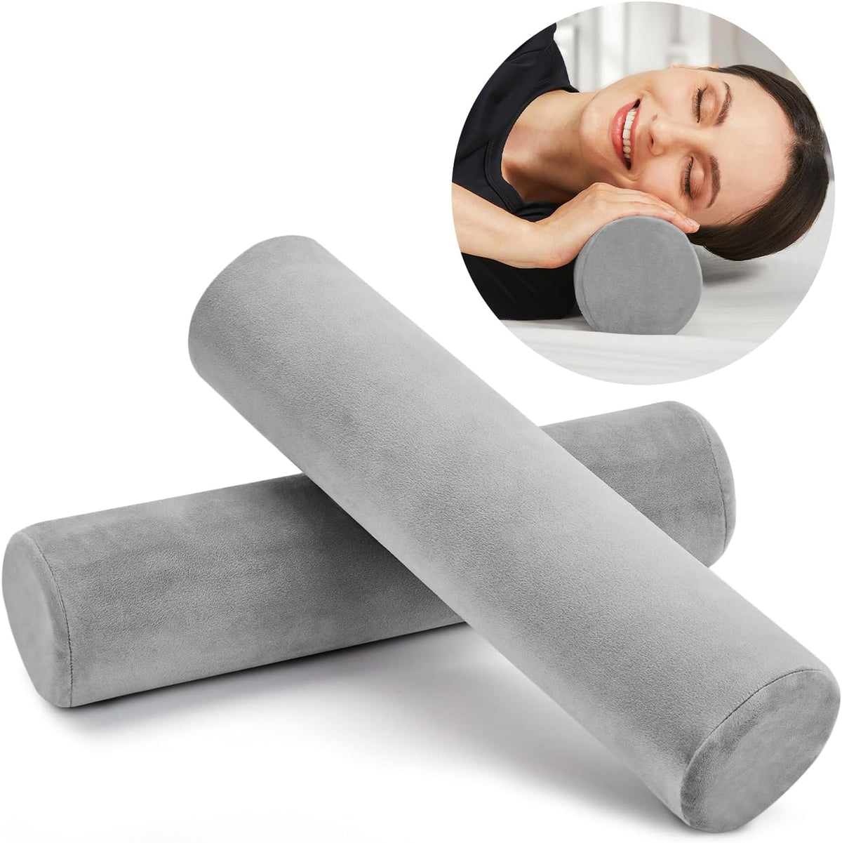 Round Cervical Roll Cylinder Bolster Pillow with Removable Washable Cover, Ergonomically Designed for Head, Neck, Back, and Legs, Grey | 13"X 5"