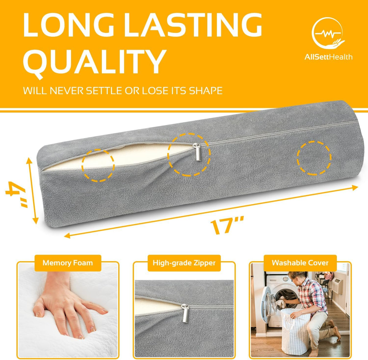 Round Cervical Roll Cylinder Bolster Pillow with Removable Washable Cover, Ergonomically Designed for Head, Neck, Back, and Legs, Grey | 13"X 5"