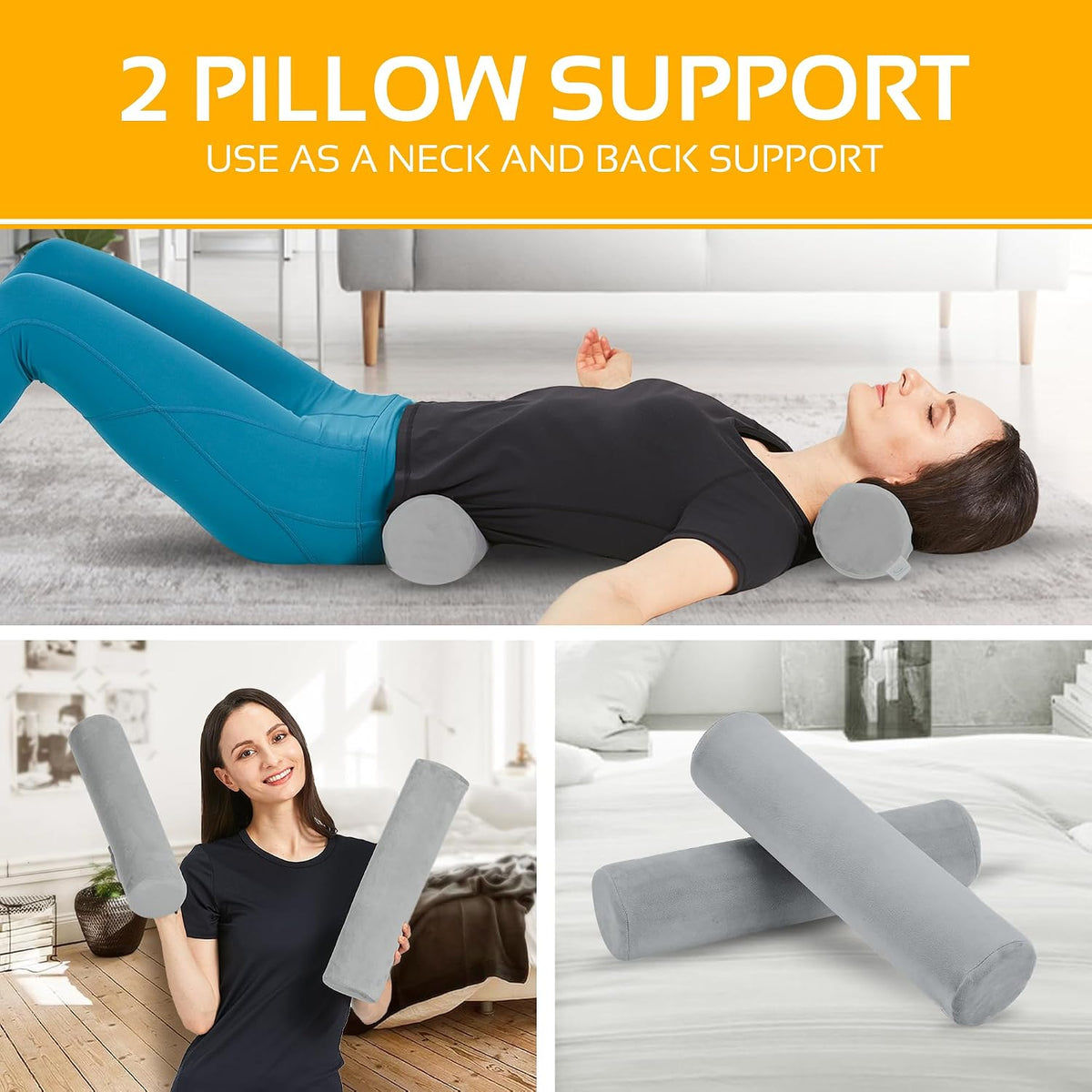 Round Cervical Roll Cylinder Bolster Pillow with Removable Washable Cover, Ergonomically Designed for Head, Neck, Back, and Legs, Grey | 13"X 5"