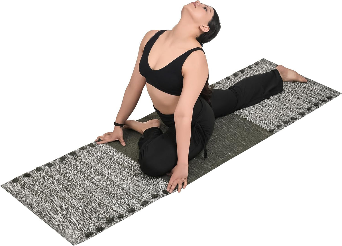 Herbal Organic Cotton Yoga Mat - Eco-Friendly Hand-Woven Non-Slip Rug - Thick & Comfortable (24”x72”x5mm) for Home Fitness & Yoga