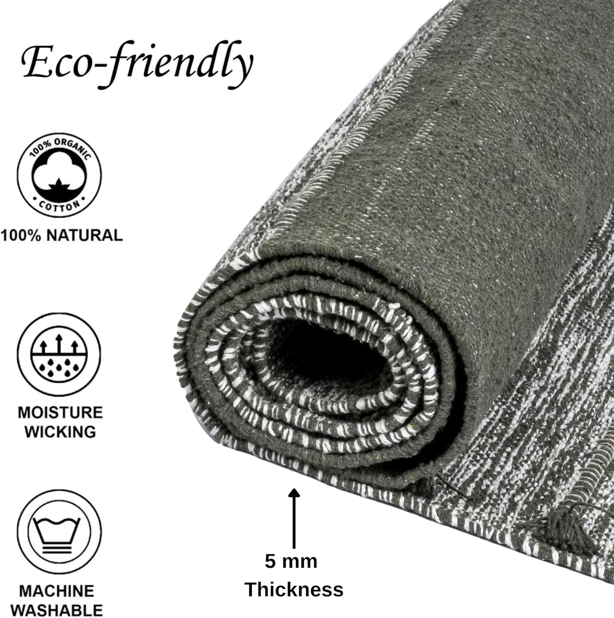 Herbal Organic Cotton Yoga Mat - Eco-Friendly Hand-Woven Non-Slip Rug - Thick & Comfortable (24”x72”x5mm) for Home Fitness & Yoga