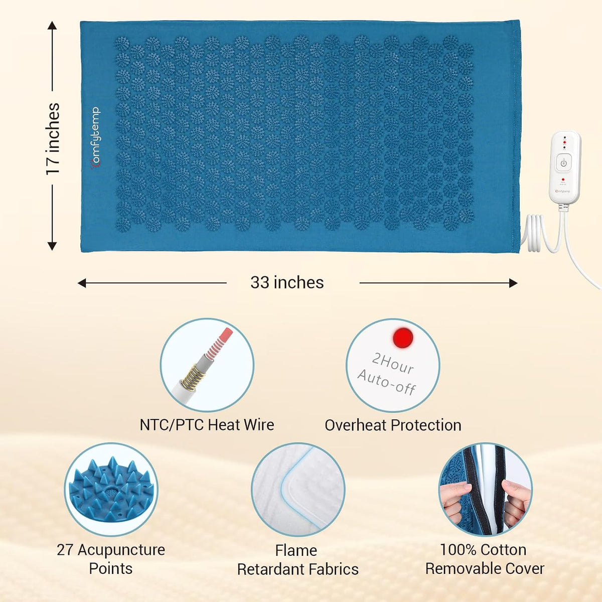 Heated Acupressure Mat for Back, FSA Eligible Heating Pad 17"x33"