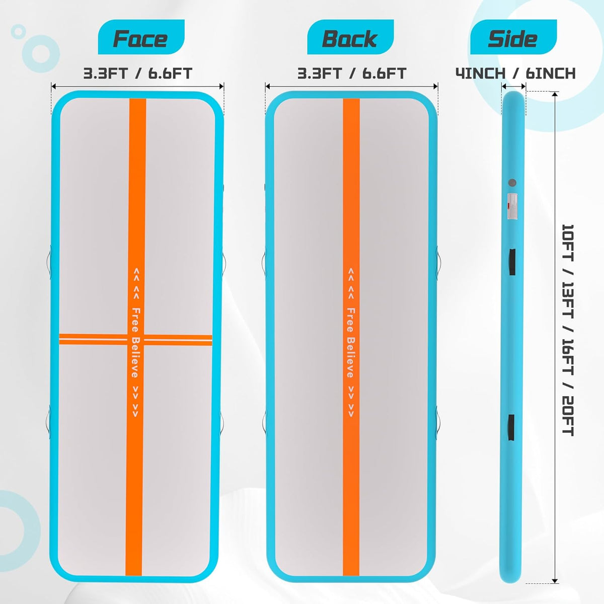 Inflatable Gymnastics Air Mat Tumble Track Mats for Home with Pump | 10/13/16/20ft Tumbling Mat for Training Cheerleading Yoga Home 4”/6” Thick Air Mat Indoor Outdoor Waterproof Durable PVC