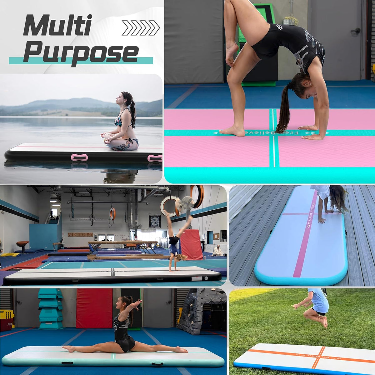 Inflatable Gymnastics Air Mat Tumble Track Mats for Home with Pump | 10/13/16/20ft Tumbling Mat for Training Cheerleading Yoga Home 4”/6” Thick Air Mat Indoor Outdoor Waterproof Durable PVC