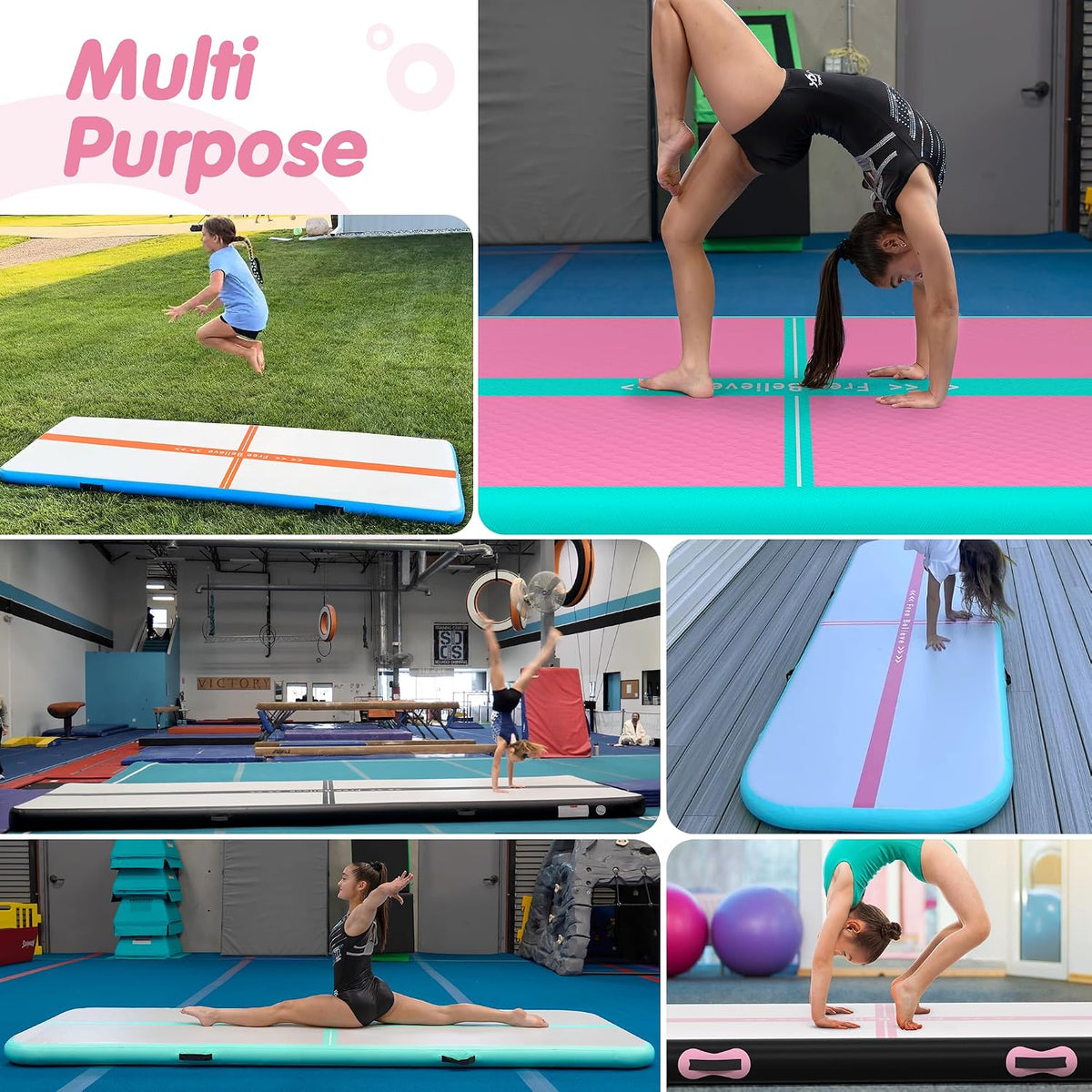 Inflatable Gymnastics Air Mat Tumble Track Mats for Home with Pump | 10/13/16/20ft Tumbling Mat for Training Cheerleading Yoga Home 4”/6” Thick Air Mat Indoor Outdoor Waterproof Durable PVC