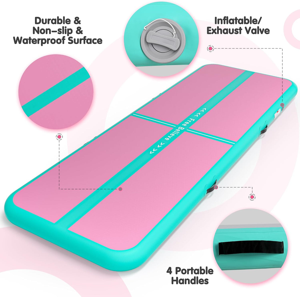 Inflatable Gymnastics Air Mat Tumble Track Mats for Home with Pump | 10/13/16/20ft Tumbling Mat for Training Cheerleading Yoga Home 4”/6” Thick Air Mat Indoor Outdoor Waterproof Durable PVC