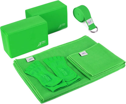 Yoga Accessories Set - Includes 2 Yoga Blocks, 1 Microfiber Non Slip Mat Towel 72X24, 1 Microfiber Hand Towel 24X15, 1 Yoga Strap, 1 Pair of Yoga Socks (Green)