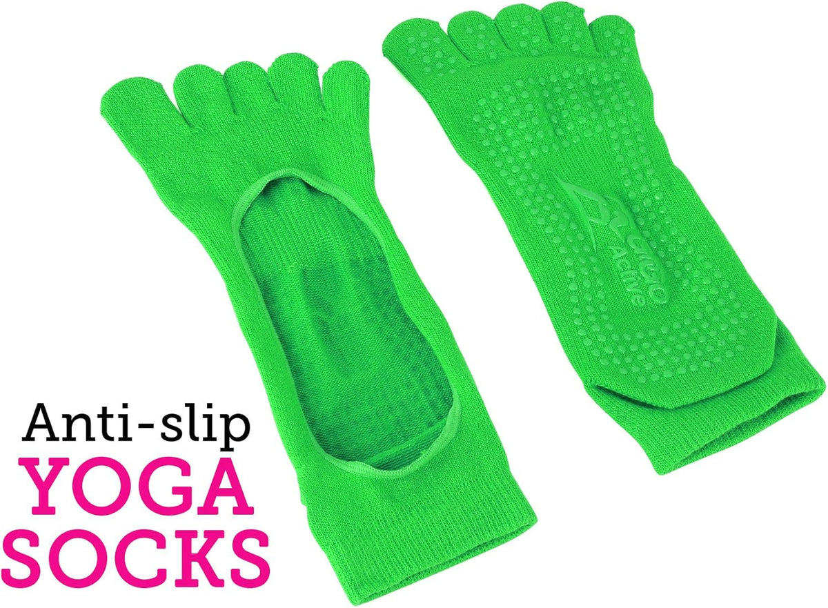 Yoga Accessories Set - Includes 2 Yoga Blocks, 1 Microfiber Non Slip Mat Towel 72X24, 1 Microfiber Hand Towel 24X15, 1 Yoga Strap, 1 Pair of Yoga Socks (Green)