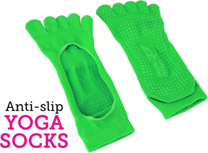 Yoga Accessories Set - Includes 2 Yoga Blocks, 1 Microfiber Non Slip Mat Towel 72X24, 1 Microfiber Hand Towel 24X15, 1 Yoga Strap, 1 Pair of Yoga Socks (Green)