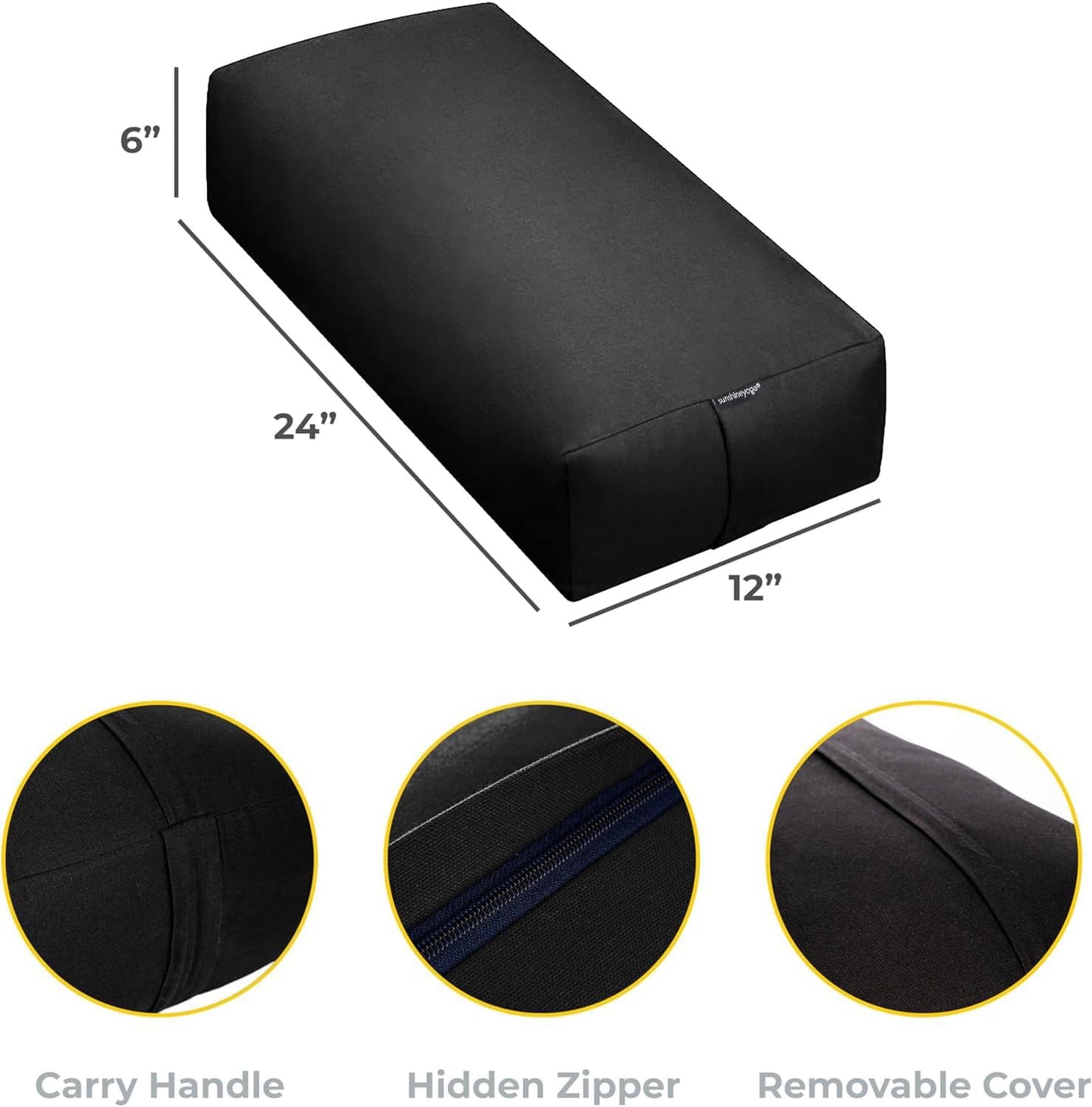 Extra Firm Large Yoga Bolster, 24" x 12" x 6" Cinched OR Zippered Yoga Pillow, Rectangular Cotton Cushion With Removable Cover for Studios, 1 Pack or 2 Pack