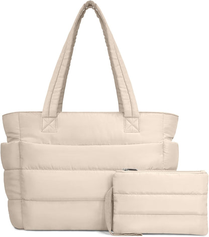 TOPDesign Puffer Tote Bag for Women, Lightweight Puffy Handbag with Compartments, Quilted Shoulder Bag for Work, Travel, Gym - Colors B