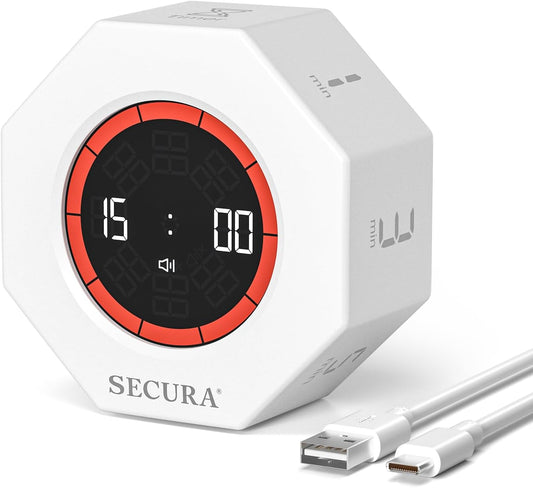Secura Pomodoro Timer, Rotating Cube Time Tracker, Flip Gravity Sensor with 7 Presets(1/3/5/10/15/30/60 Min), Visual Progress Bar for ADHD, Kids, Tasks, Work, Study (White)