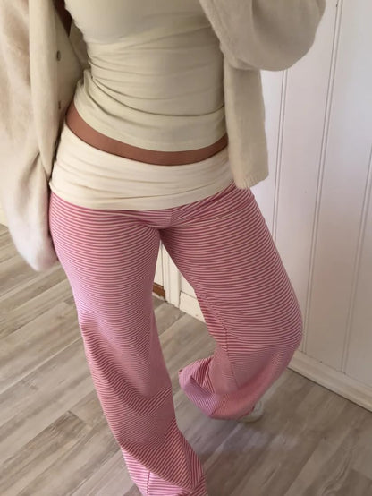 Women Y2k Fold Over Yoga Pants Colour Block Straight Leg Bottoms Low Rise Stretchy Lounge Trousers
