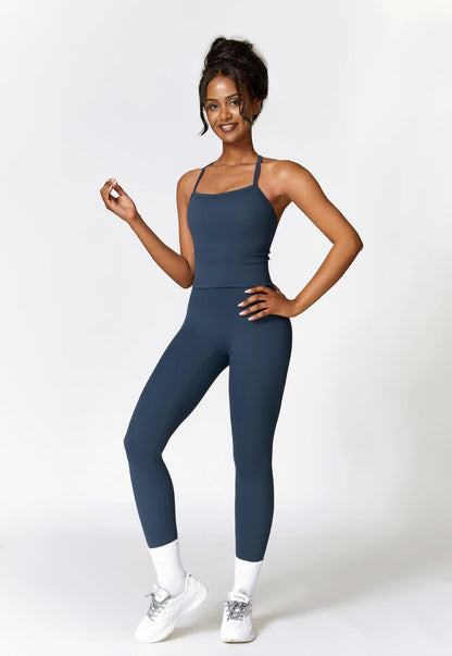 Women 2 Piece Workout Sets Padded Criss Cross Back Crop Tank High Waist Tummy Control Active Leggings Sets Yoga Outfit
