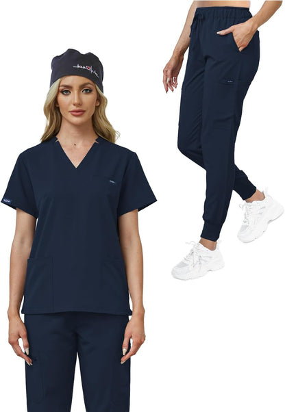 Women's V-Neck Scrubs Set With Cap, Stretchy Top and Jogger Pants, 11 Pockets Nursing Uniform