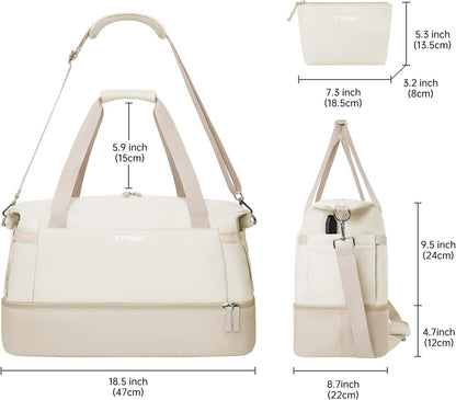 ETRONIK Gym Bag for Women, Personal Item Travel Bag with Shoes Compartment, Weekender Overnight Duffel Bag with Wet Pocket, Carry On Bag for Women, Travel, Gym, Weekend (Beige)