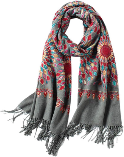 Urban CoCo Women's Embroidered Oversize Tassel Shawl Scarf Wraps for Women